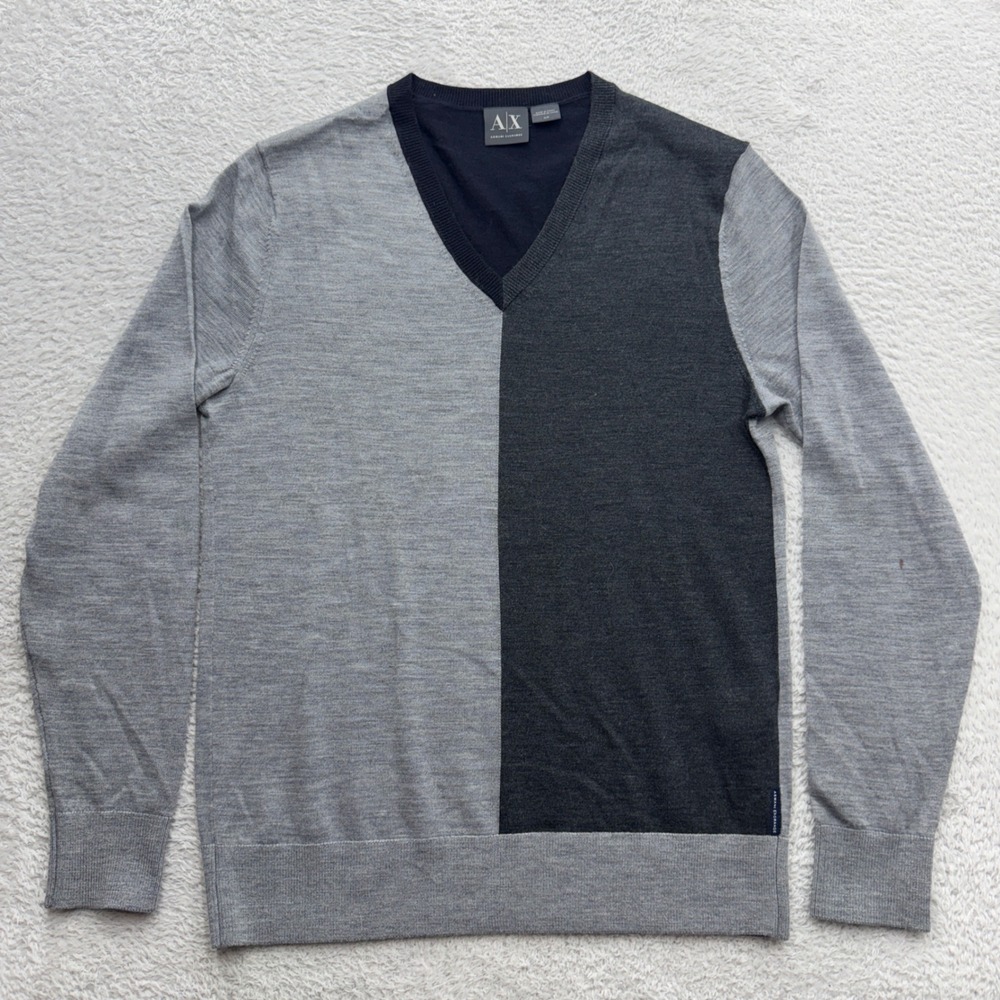 Armani Exchange Mens Merino Wool Colorblock V-Neck‎ Sweater Grey Charcoal Small